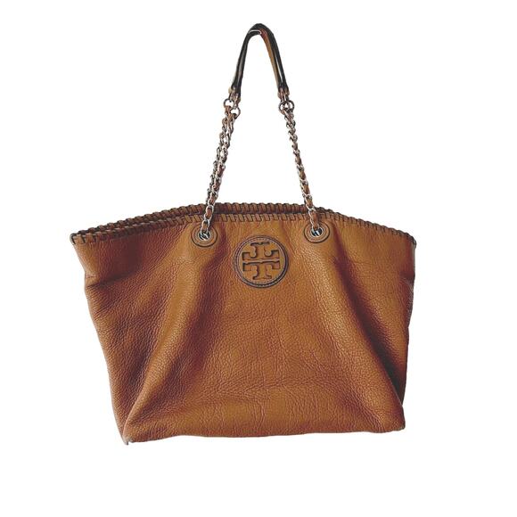 Tory Burch Marion East-West Tote in Royal Tan Pebbled Leather Gold Link Handle - Picture 1 of 12